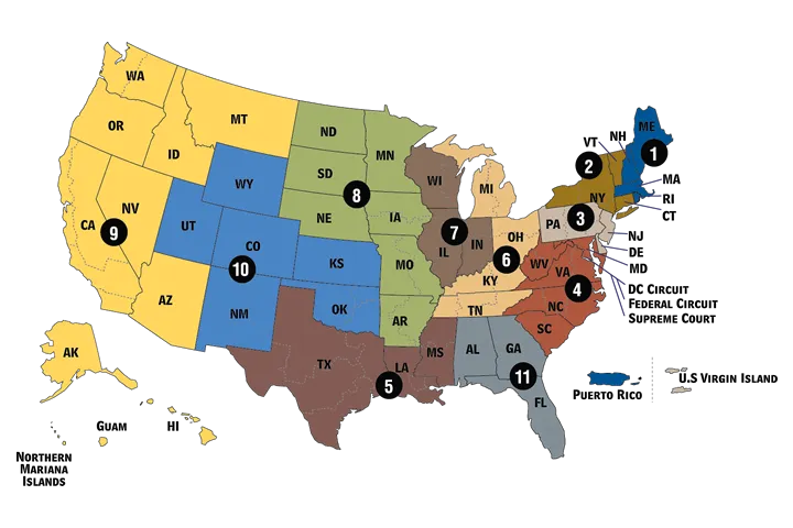 U.S. Federal Court Circuit Map The U.S. Federal Court Circuit Map color coded by Districts.